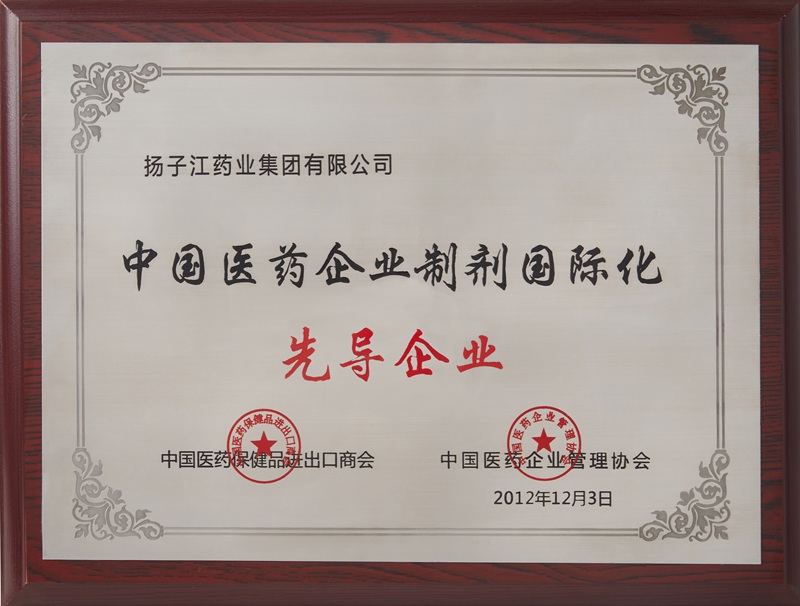 中國(guó)醫(yī)藥企業(yè)制劑國(guó)際化先導(dǎo)企業(yè)（2012）