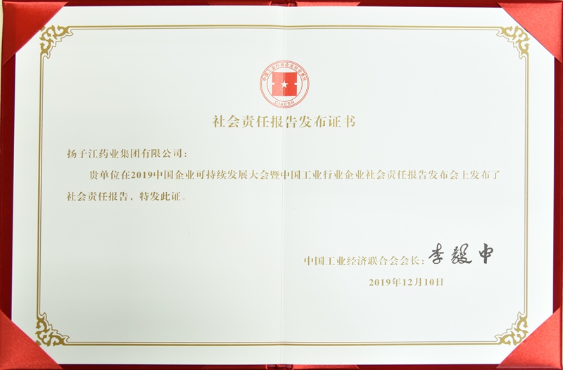 社會(huì)責(zé)任報(bào)告發(fā)布證書（中國工經(jīng)聯(lián)，2019）